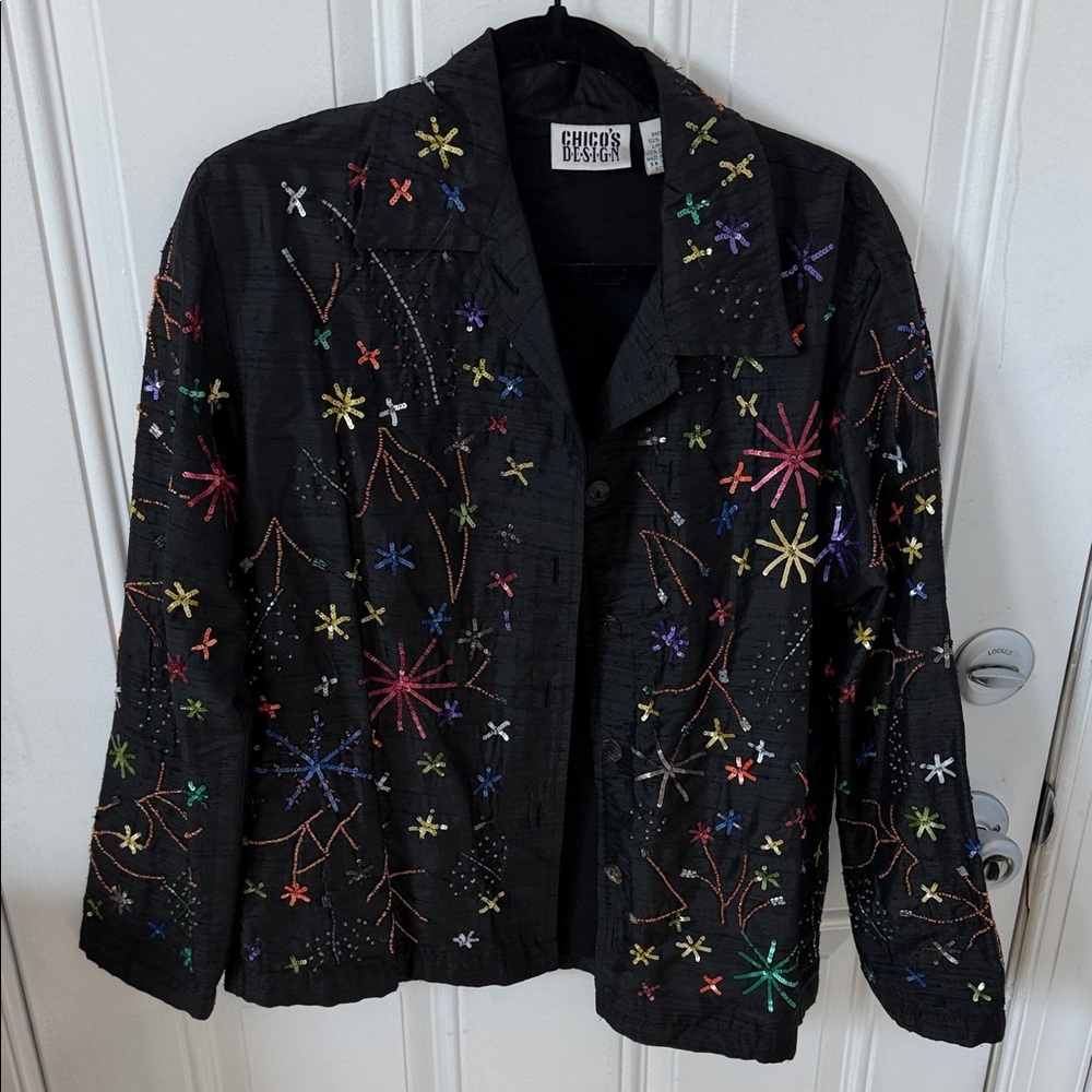 Chico's Black 100% SILK FIREWORKS Sequined Embroidered Women’s Jacket 4
